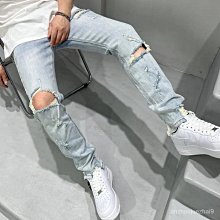 【緊身牛仔褲】高級破洞牛仔褲男 潮牌個性拼接炸街褲子 夏季薄款彈力淺色緊身窄管長褲 歷史價格詳細信息