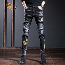 印花黑色男士牛仔褲高級潮牌刺繡歐洲站緊身窄管字母潮流百搭彈力 歷史價格詳細信息