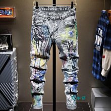 印花破洞牛仔褲男潮牌修身顯瘦煙管褲韓版潮流高街彈力水洗乞丐褲 歷史價格詳細信息