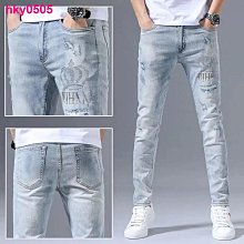 歐洲站 高級刺繡牛仔褲 男士印花黑色牛仔褲  緊身窄管字母潮流百搭彈力牛仔褲 歷史價格詳細信息