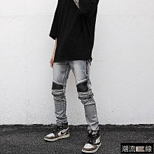 牛仔褲 牛仔褲男 破洞牛仔褲 皮革拼接 水洗窄版牛仔褲 男生長褲 顯瘦修身褲 淺色牛仔褲 窄版 小腿必備 歐美潮流·晴子寶藏屋 歷史價格詳細信息