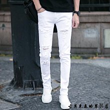 夏季青年商務白色破九分牛仔褲男緊身窄管褲男髮型師韓版破褲 -真男人專賣店 價格比較,價格查詢,歷史價格詳細信息