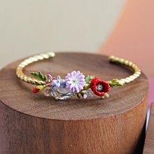 UU代購#Les Nereides 梵高鳶尾花系列 圓鉆粉紫花朵綠葉 開口戒指指環 法國法瑯飾品 歷史價格詳細信息