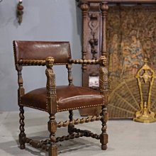 ⚜️卡卡頌 歐洲古董⚜️稀有! 19世紀 法國 手工 百年 老橡木雕刻 厚牛皮 扶手椅 主人椅 古董椅 皮椅 HM ✬ 價格比較,價格查詢,歷史價格詳細信息