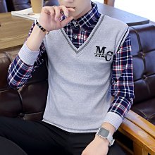 男襯衫休閒上衣打底 秋季假領帶襯衫男新款韓版寬鬆大尺碼港風男士長袖襯衫~時尚男裝 歷史價格詳細信息