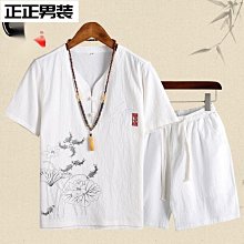 中國風休閒套裝男暗紋提花中袖復古盤扣t恤長褲禪服兩件套居仕服 歷史價格詳細信息
