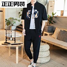 中國風夏季休閒套裝男短袖T恤寬鬆長褲潮流復古拼接刺繡 兩件套男 歷史價格詳細信息