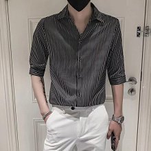韓版條紋襯衫男七分袖彈力修身青年帥氣中袖襯衣商務休閑男裝-潮流空間 歷史價格詳細信息