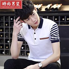 夏季男裝衣服青短袖T恤男大碼韓版修身翻領條紋半袖polo衫上衣-正正男裝 歷史價格詳細信息