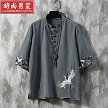夏季薄款  亞麻短袖T恤  男  中國風仙鶴刺繡白棉麻料潮流寬松古風男裝 歷史價格詳細信息