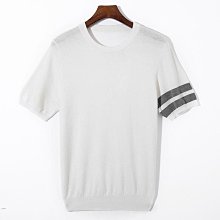 夏季男士冰絲針織圓領T恤輕熟韓風條紋短袖體恤衫純色彈力針織衫打底衫 上衣男 男短T 短袖男 歷史價格詳細信息