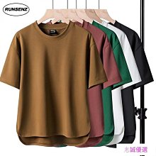 素色圓領T恤男時尚原宿藝文T恤潮牌五分袖日系男ins簡約上衣服-正正男裝 歷史價格詳細信息