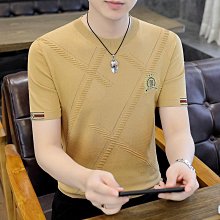 夏季男士冰絲針織圓領T恤輕熟韓風條紋短袖體恤衫純色彈力針織衫打底衫 上衣男 男短T 短袖男 歷史價格詳細信息