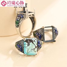 S925純銀戒指男空托diy未鑲嵌綠松石蜜蠟戒面復古開口方戒托-玲瓏心飾 歷史價格詳細信息