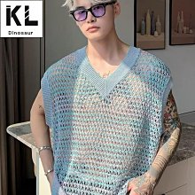 男士背心針織背心男寬鬆鏤空漁網開叉透氣健身運動無袖t恤男歐美民族風背心男-潮流精選 歷史價格詳細信息