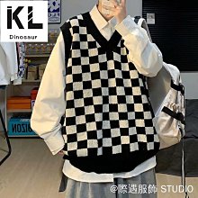 棋盤格毛衣男 休閒長袖針織衫 韓國chic秋冬復古 ins慵懶格寬鬆圓領毛衣原創設計 新款套頭毛衣 歷史價格詳細信息