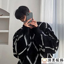 新品 格子毛衣男秋冬潮流韓系復古慵懶風情侶裝外套卡通圓領打底針織衫-可開發票 歷史價格詳細信息