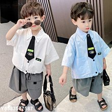 【熱賣精選】夏季新款韓版男童翻領短袖領帶襯衣開衫短袖短褲寶寶卡通時尚套裝 歷史價格詳細信息