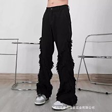 高街 復古 水洗 hiphop 牛仔褲男 毛邊設計 微喇長褲 緊身顯瘦 糜爛 破壞黑色牛仔褲 vintage牛仔褲（滿599元） 歷史價格詳細信息