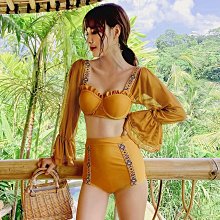 Qmi 韓國性感分體鋼托聚攏遮肚高腰網紗長袖泳衣 價格比較,價格查詢,歷史價格詳細信息