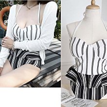 泳衣女黑白條紋連體裙式帶胸墊鋼託聚攏遮肚性感V領露背溫泉泳裝 歷史價格詳細信息