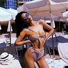 新款格纹泳衣，性感高腰比基尼，优质面料，沙滩装Y97 歷史價格詳細信息