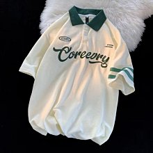 男士polo短袖 字母刺繡撞色短袖polo衫美式學院風復古情侶tee恤男女藝文T恤-至簡原創 歷史價格詳細信息