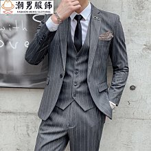 條紋西服套裝男士三件套韓版修身結婚禮服商務職業正裝新郎西裝男 歷史價格詳細信息