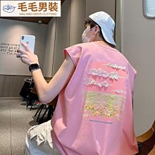 粉色寬帶背心男夏季油畫無袖T恤寬松美式坎肩打底衫個性百搭短袖-毛毛男裝 價格比較,價格查詢,歷史價格詳細信息