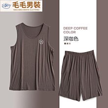 無袖莫代爾睡衣男夏季背心短褲套裝薄款冰絲涼感寬松加大碼【超齡男裝】 歷史價格詳細信息