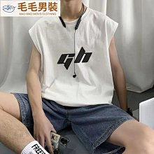 重磅純棉背心男高街ins美式復古新款印花水洗黑色坎肩無袖t恤-毛毛男裝 歷史價格詳細信息