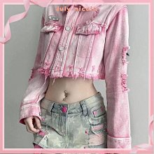 破洞牛仔短外套女 2023秋季新款 毛邊顯瘦修身單排扣淺藍上衣 歷史價格詳細信息