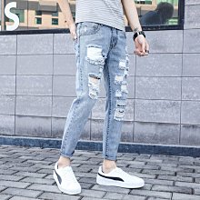 破洞牛仔九分褲男青少年個性春夏新品韓版修身乞丐男式牛仔褲 歷史價格詳細信息