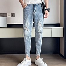 FINDSENSE X 韓潮 街頭 夏季薄款 時尚修身 簡約抓破 男士 休閒牛仔褲 九分褲 小腳褲 歷史價格詳細信息