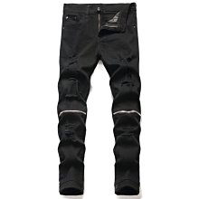 新款膝蓋拉鍊純黑色牛仔褲男士修身顯瘦煙管褲九分褲韓版青年潮流 歷史價格詳細信息