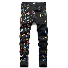 印花黑色男士牛仔褲高級潮牌刺繡歐洲站緊身窄管字母潮流百搭彈力 歷史價格詳細信息