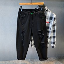 ins黑色潮牌夏季顯瘦破洞牛仔褲男ins高街褲子破洞褲直筒薄款水洗 歷史價格詳細信息