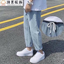 牛仔褲男 寬鬆直筒褲 束口褲 拼接工裝褲 潮牌ins 港風 韓版 個性 高街九分長褲 正韓男生衣著 歷史價格詳細信息