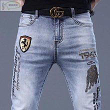 【潮派衣櫥】歐洲站印花牛仔褲男潮牌彈力窄管窄版緊身長褲春夏季薄款男褲流行青年長褲 歷史價格詳細信息