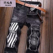 【時光角】 印花牛仔褲男潮牌顯瘦休閒直筒彈力水洗緊身窄管窄版長褲夏秋季薄款男褲流行青年長褲 歷史價格詳細信息