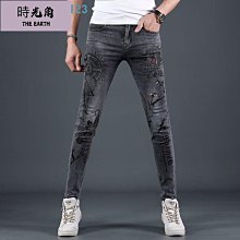 【時光角】 牛仔褲男燙鑽20新款潮牌彈力刺繡長褲子男緊身青年百搭韓版窄管 歷史價格詳細信息