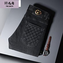 【時光角】 印花牛仔褲男潮牌顯瘦休閒直筒彈力水洗緊身窄管窄版長褲夏秋季薄款男褲流行青年長褲 歷史價格詳細信息