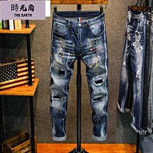 【時光角】 破洞褲 刀割破褲 刀割牛仔褲 破褲男 黑色刀割破洞牛仔褲男裝高街潮牌乞丐褲夏秋季修身拉鏈小腳褲子 歷史價格詳細信息