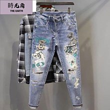 【時光角】 印花牛仔褲男潮牌顯瘦休閒直筒彈力水洗緊身窄管窄版長褲夏秋季薄款男褲流行青年長褲 歷史價格詳細信息