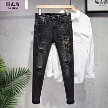 【時光角】 彈力牛仔褲男20新款時尚品牌修身刺繡黑灰色青年高檔男褲 歷史價格詳細信息