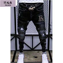 【時光角】 牛仔褲男燙鑽20新款潮牌彈力刺繡長褲子男緊身青年百搭韓版窄管 歷史價格詳細信息