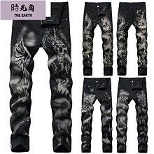 【時光角】 印花牛仔褲男潮牌顯瘦休閒直筒彈力水洗緊身窄管窄版長褲夏秋季薄款男褲流行青年長褲 歷史價格詳細信息