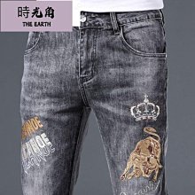 【時光角】 印花牛仔褲男潮牌顯瘦休閒直筒彈力水洗緊身窄管窄版長褲夏秋季薄款男褲流行青年長褲 歷史價格詳細信息