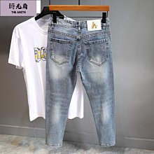 【時光角】 牛仔褲男燙鑽20新款潮牌彈力刺繡長褲子男緊身青年百搭韓版窄管 歷史價格詳細信息