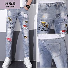 【時光角】 牛仔褲男燙鑽20新款潮牌彈力刺繡長褲子男緊身青年百搭韓版窄管 歷史價格詳細信息